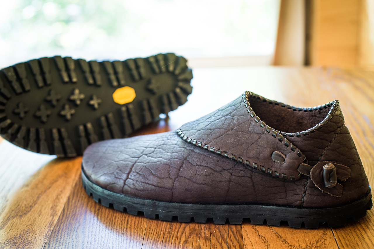 Dark chocolate uppers on these traditional shoe design complement Vibram rubber soles with deep tread